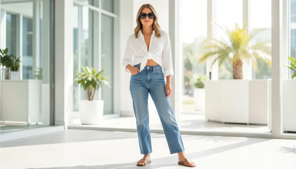 Chic Rhinestone Jeans Outfit Ideas for Every Occasion 7 Spring rhinestone jeans outfit ideas with cropped embellished denim and a linen shirt.