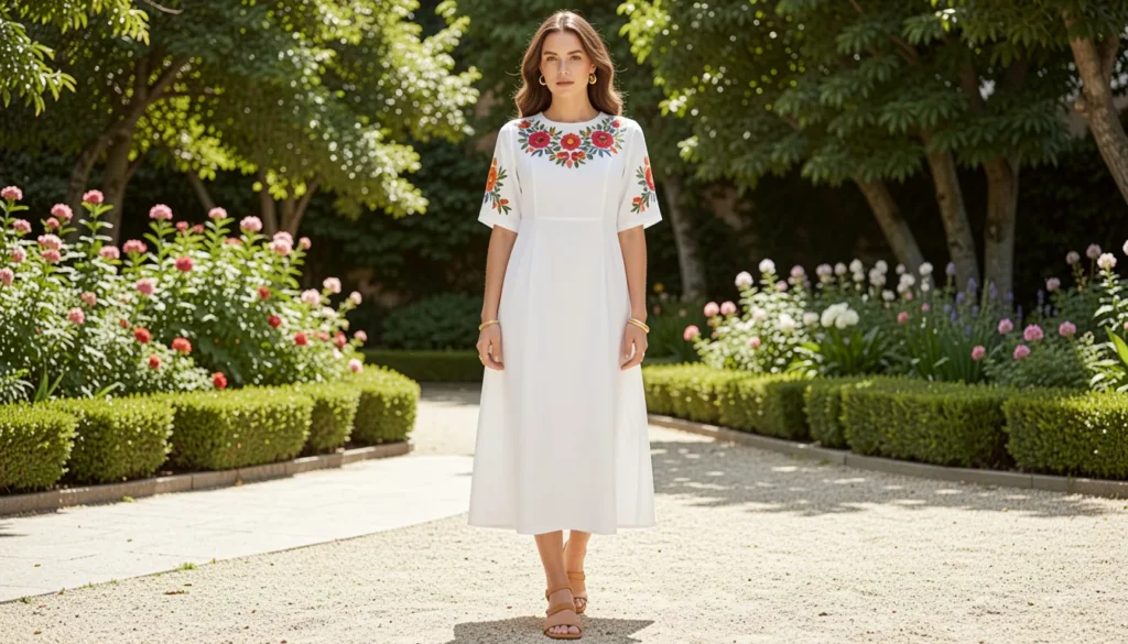 Cinco de Mayo outfit ideas featuring a white embroidered dress for women