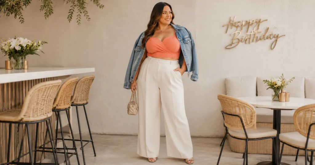 Stunning Curvy Plus Size Birthday Outfit Ideas for Your Day 7 Curvy plus size birthday outfit ideas with wide-leg trousers and a cropped blouse