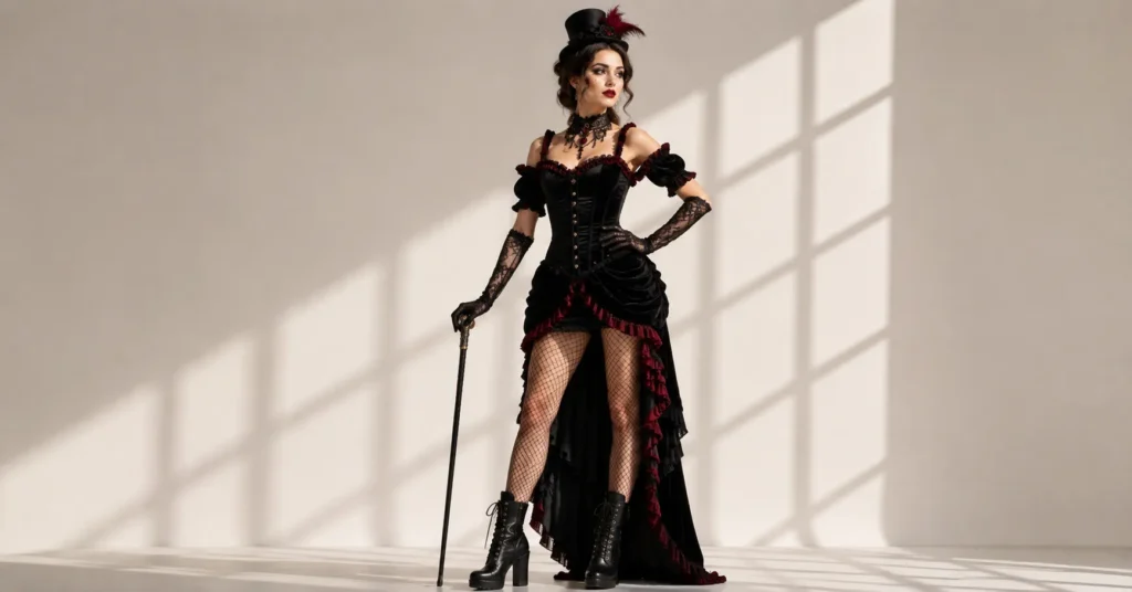 Dark gothic carnival outfit with velvet corset dress for dramatic circus outfit ideas inspiration.