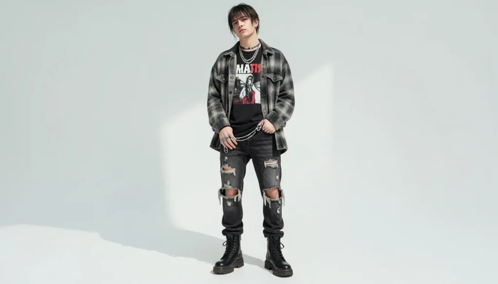 Grunge-inspired emo fashion with distressed denim and layered flannel for emo outfit ideas inspiration.