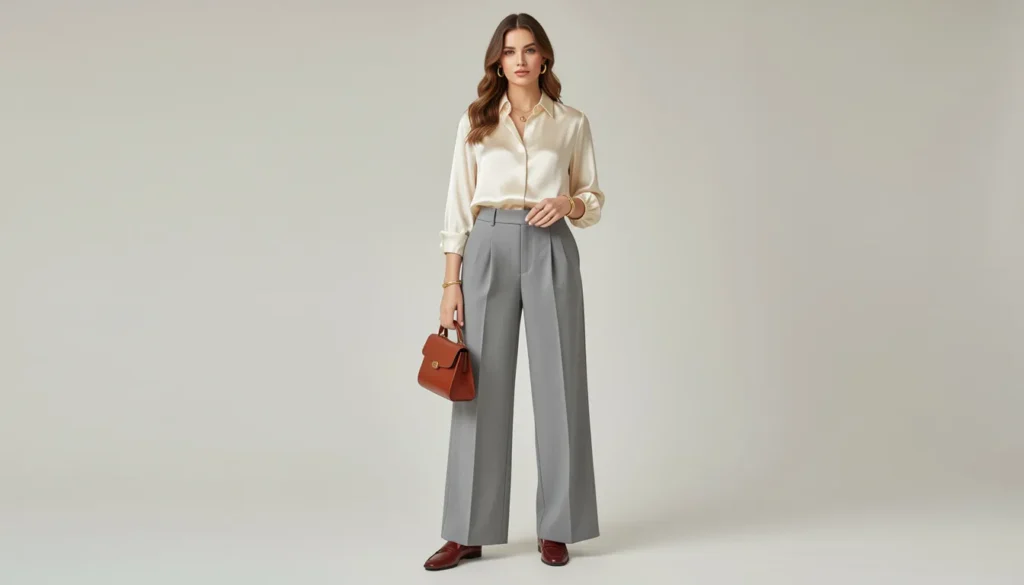 Modern high tea outfit ideas with tailored trousers and silk blouse.