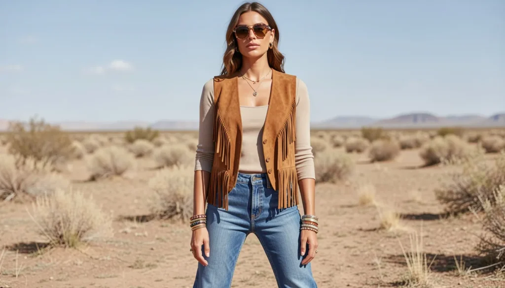 Retro hippie outfit ideas with suede fringe vest and flare jeans.