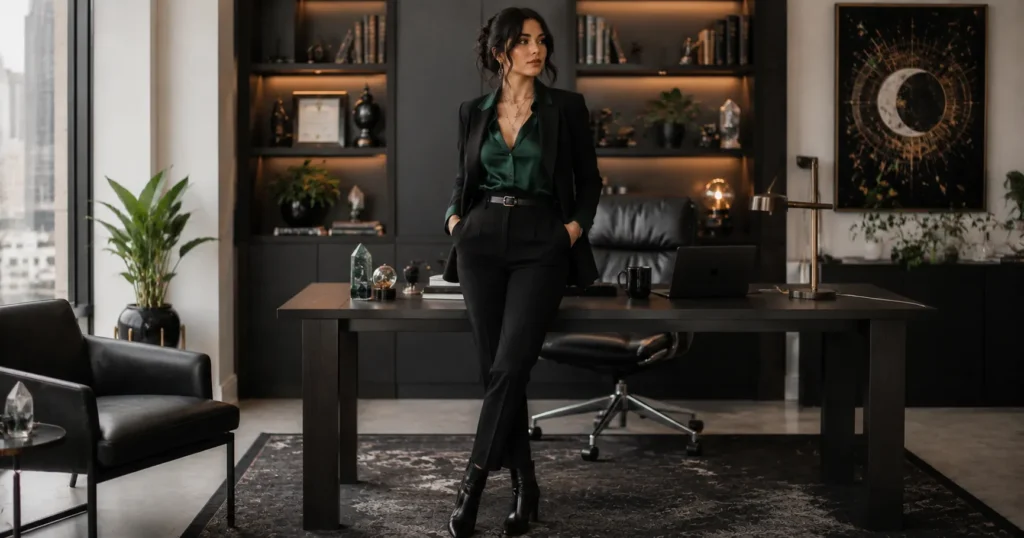 The Guide to Witch Outfit Ideas: Enchanting Styles for Every Occasion 8 Corporate witch outfit ideas with tailored black suit and emerald green professional styling.