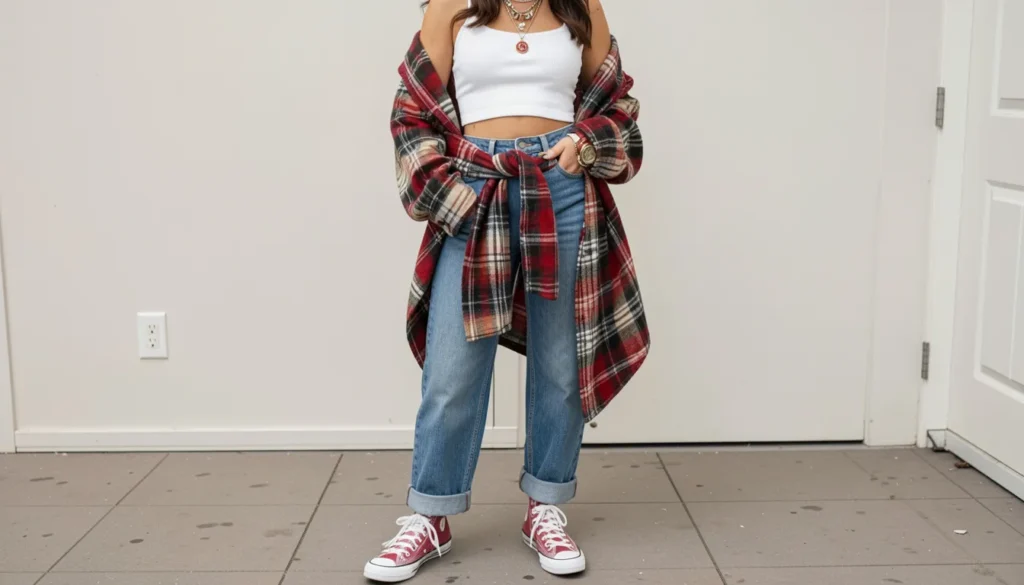 Top Throwback Thursday Outfit Ideas: Your Guide to Retro Style 4 Throwback Thursday outfit ideas with vintage denim and oversized plaid flannel styling.