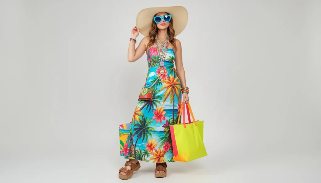 The Complete Guide to Tacky Tourist Outfit Ideas 7 Female tacky tourist outfit ideas with tropical maxi dress and oversized beach accessories.