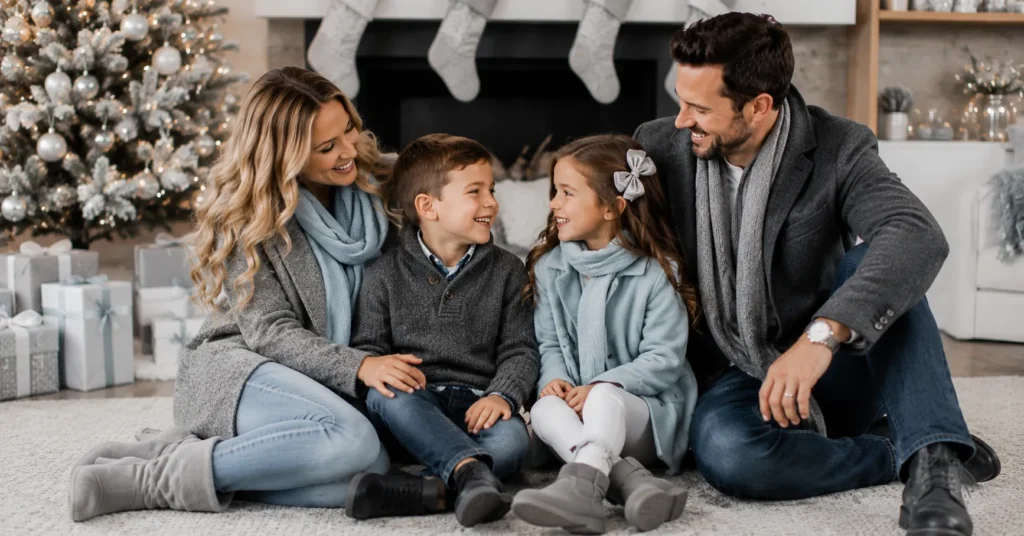 Modern family christmas outfit ideas with blue and silver winter holiday outfits.