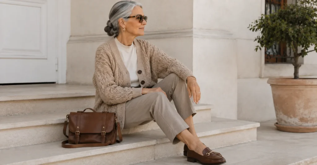 Chic Grandma Outfit Ideas: Master the Grandmacore Trend 7 Grandma outfit ideas with chunky knit cardigans and layered cozy fashion.