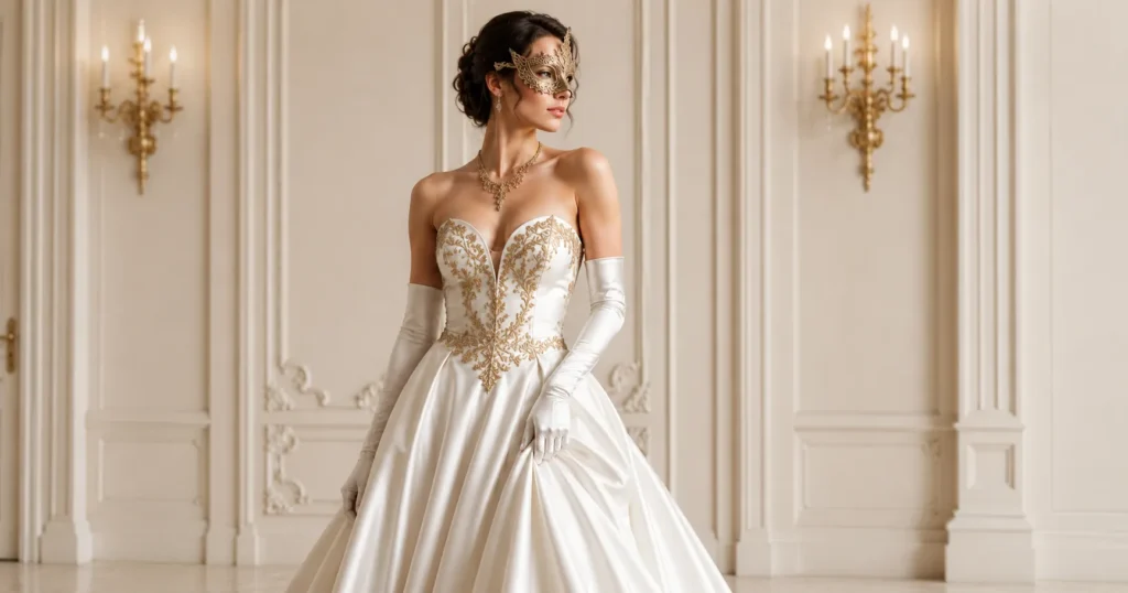 Luxury masked ball outfit ideas with white satin gown and gold masquerade mask.