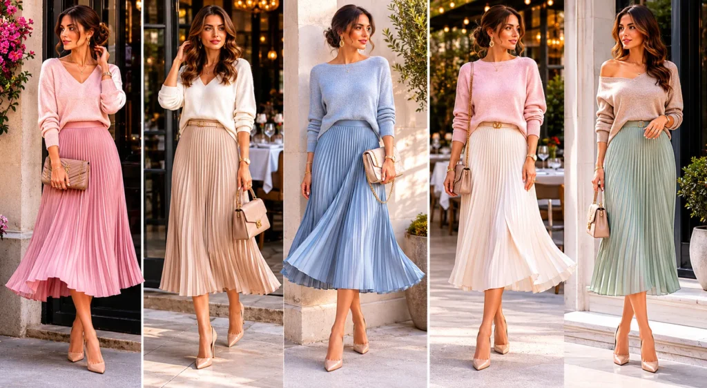 Dinner outfit ideas with pastel midi skirt and sweater for spring evening style