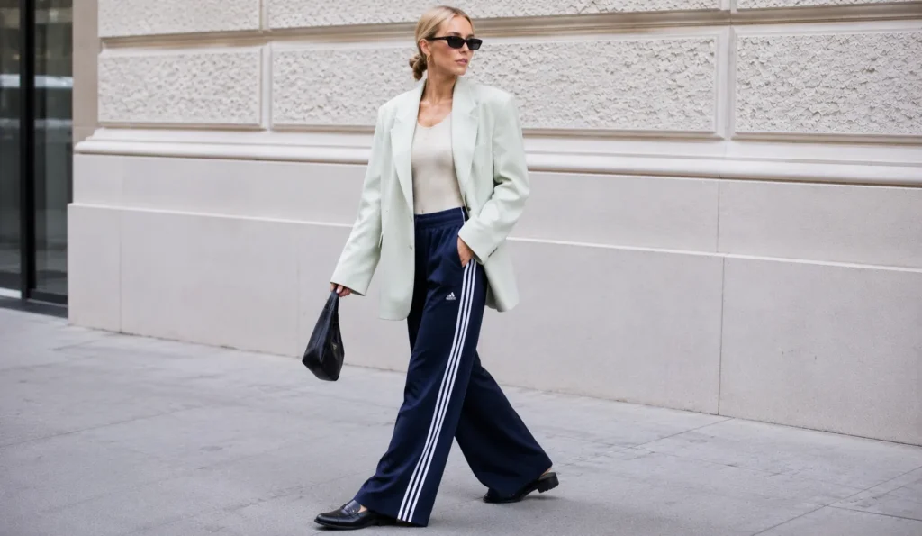 The Guide to the Elsa Hosk Track Pants Outfit: Street Style Elevated 7 Elsa Hosk track pants outfit with spring blazer and wide-leg sporty pants