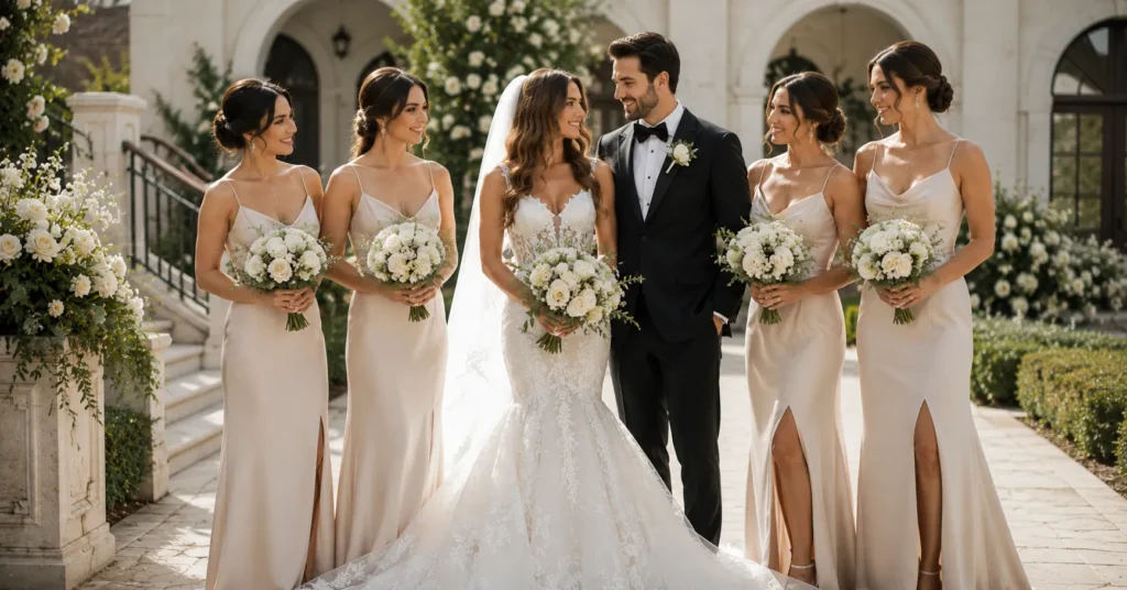 Dream wedding dresses and attire featuring coordinated bridal party and groom fashion.