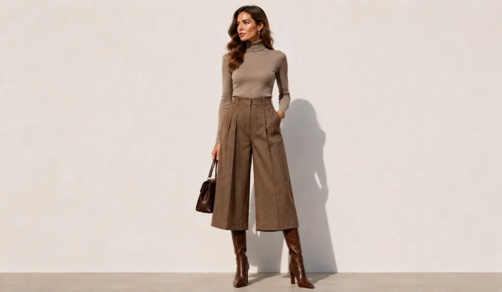 Culotte Pants Trends 2026: The Complete Style Guide 8 Fall fashion featuring culotte pants trends 2026 with knee-high boots.