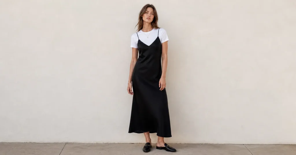 90s minimalist outfits 2026 slip dress layered with white t-shirt for modern casual styling