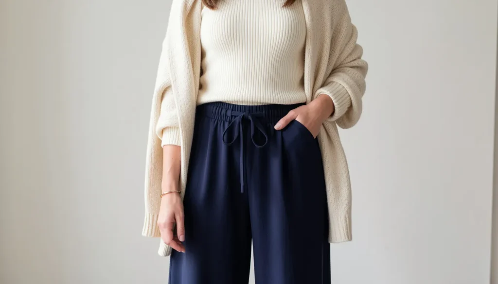 Drawstring pants for women styled for a comfortable and polished work from home outfit.
