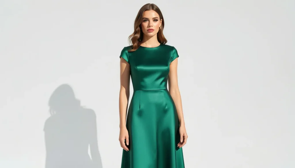 Elegant cocktail summer wedding guest dress with sleeves and satin finish.