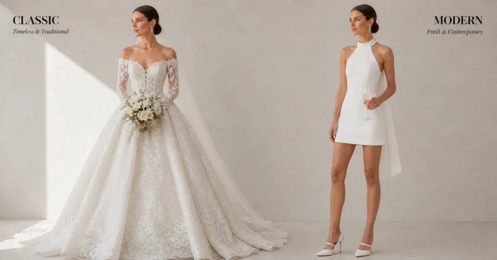 Comparison of traditional wedding gown and modern reception outfit for bride