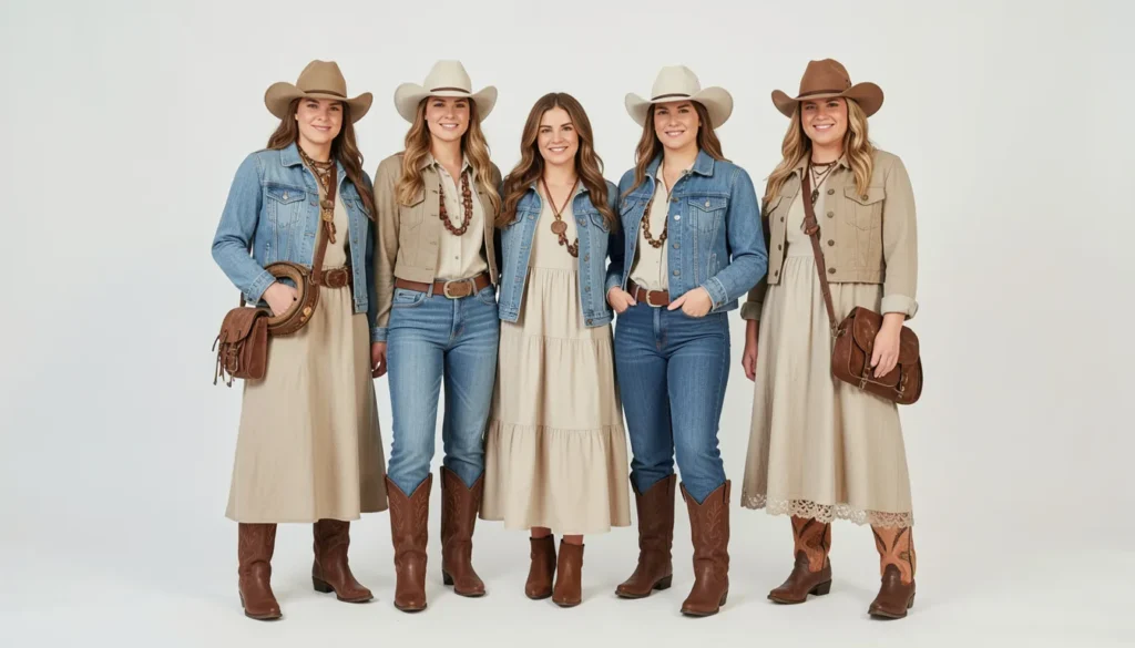 Posse outfit ideas for rustic western photoshoots with coordinated neutral fashion.
