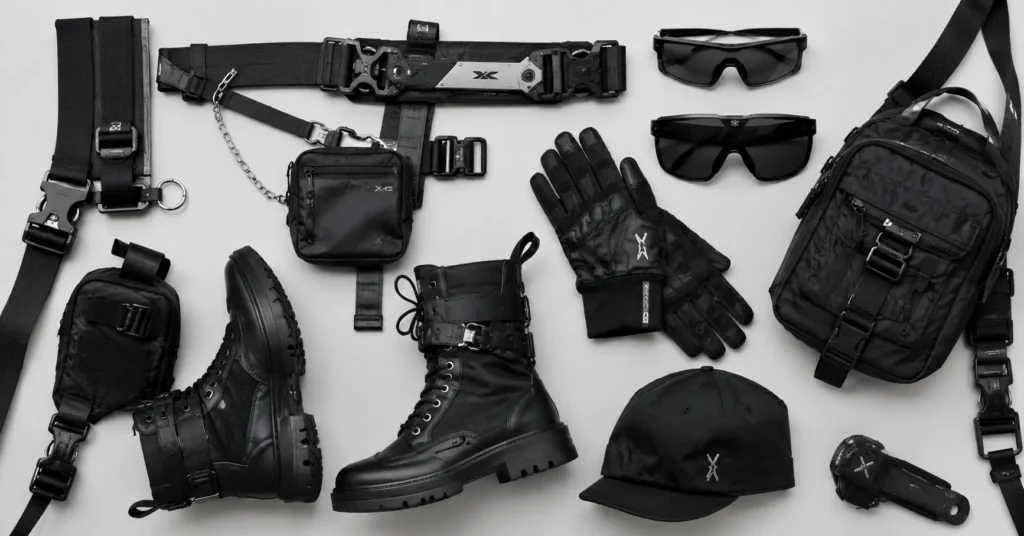 Cyberpunk outfits accessories including utility belts, futuristic sunglasses, and combat boots.