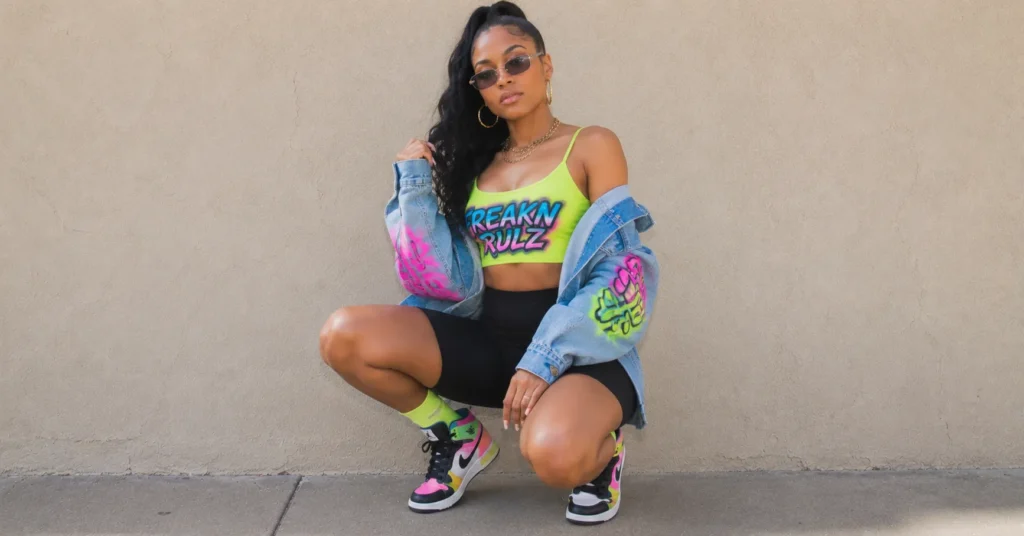 Modern revival of colorful 90s Freaknik outfits with oversized denim and retro streetwear styling.
