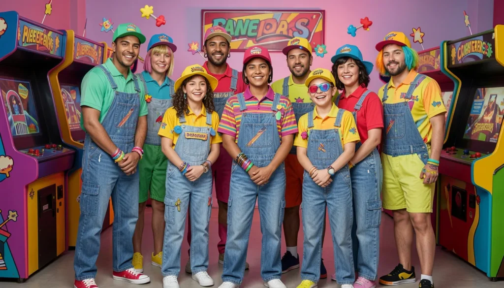 Group wearing colorful retro arcade-inspired outfits with denim overalls and playful fashion.