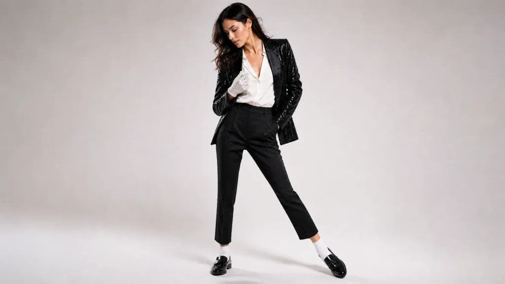Modern female performer styled in sequined jacket and glove inspired by Billie Jean fashion.