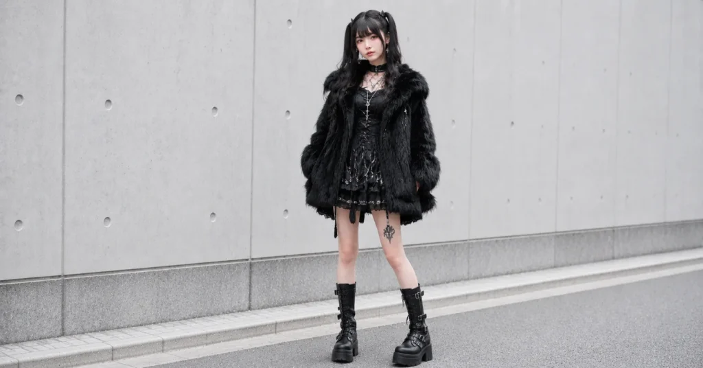 Modern anime inspired Misa Amane outfits with faux fur jacket and gothic streetwear style.