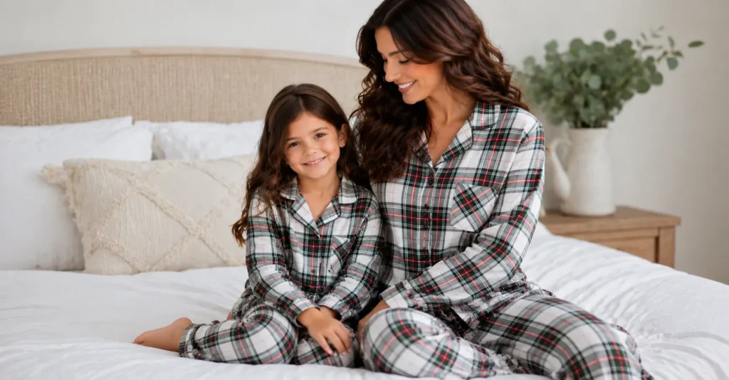 Matching mommy and me pajamas featuring coordinated plaid family sleepwear.