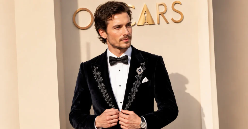 Modern Oscars outfits for men featuring a stylish celebrity in a velvet tuxedo.