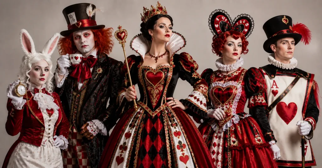 Queen of Hearts outfit featured in a coordinated Wonderland-inspired group costume theme.