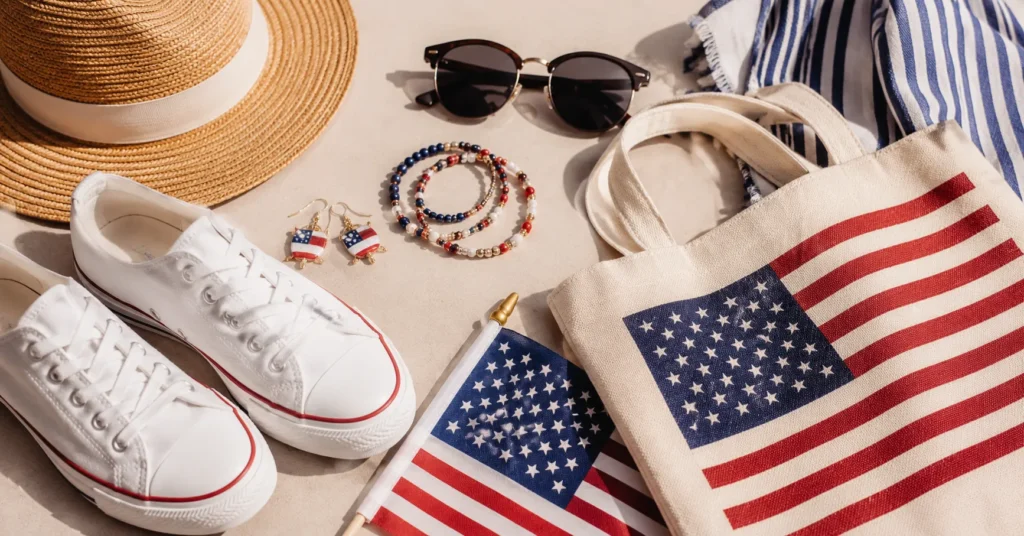 4th of July outfits accessories featuring stylish patriotic summer fashion essentials.