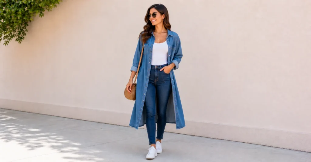 Denim dresses and outfit inspiration with layered denim shirt dress and jeans.