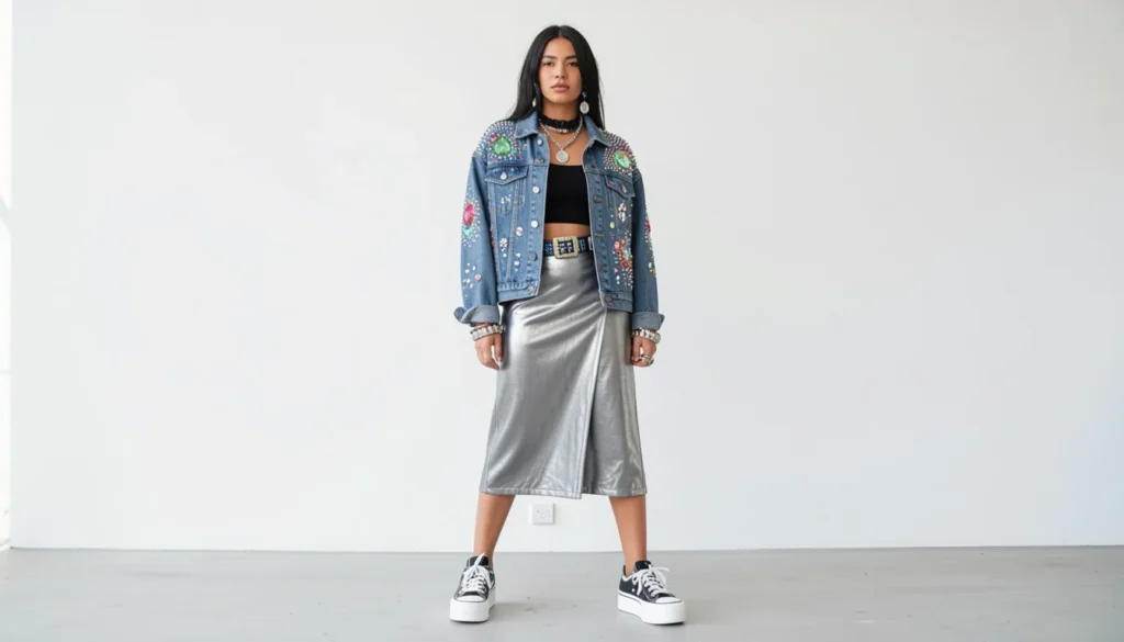 Kesha concert outfit ideas with rhinestone denim jacket and metallic skirt styling.