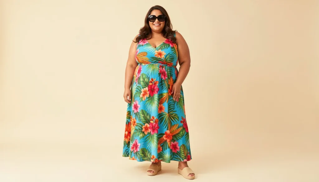 Plus size summer outfits featuring a tropical print maxi dress and espadrille sandals.