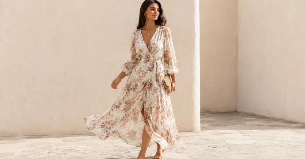 Summer outfit inspiration showcasing a flowy floral maxi dress for elegant seasonal style.