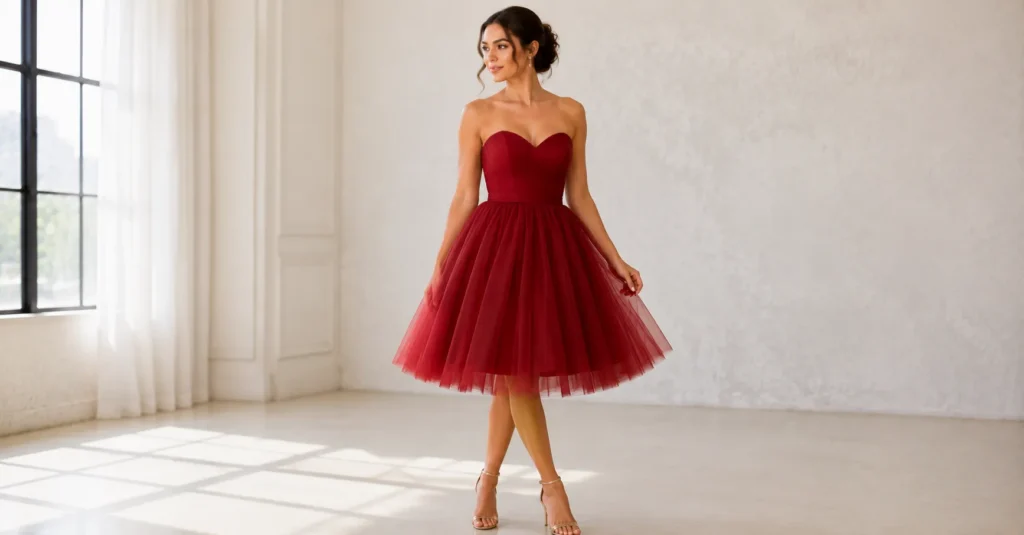 Red tulle dress styled for cocktail party fashion and evening elegance.