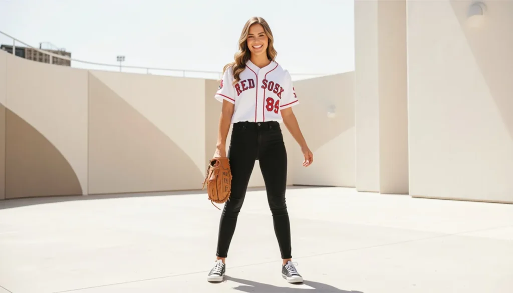 Female Red Sox outfit with team jersey styled for authentic baseball game day fashion.