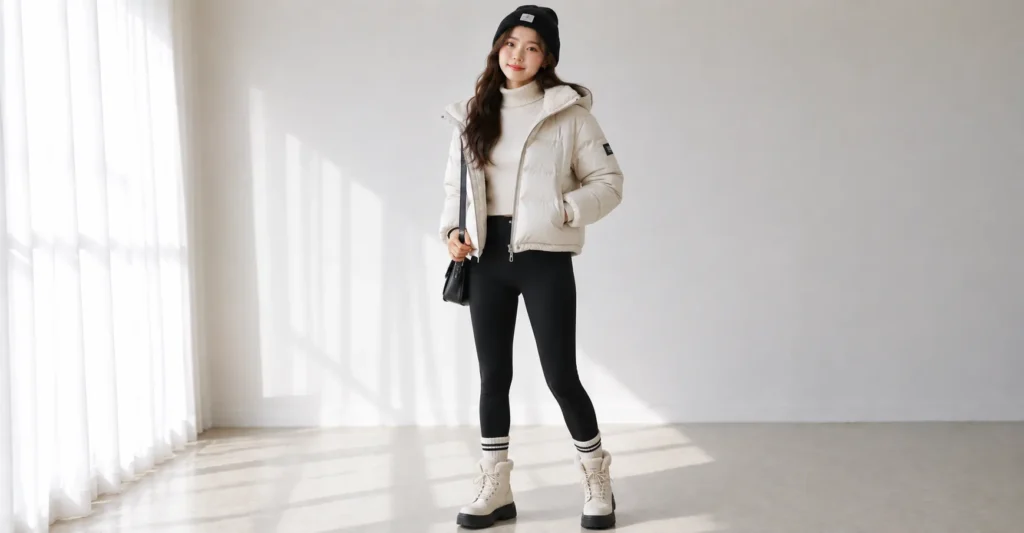 Winter Arirang concert outfit with puffer jacket and fleece leggings