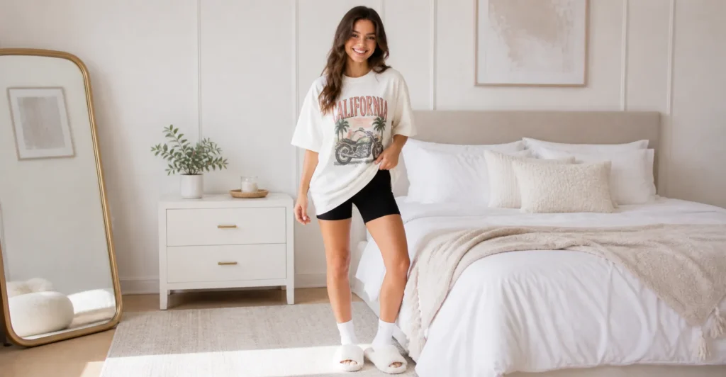 Teen slumber party outfit ideas with oversized tee and biker shorts for trendy sleepover style