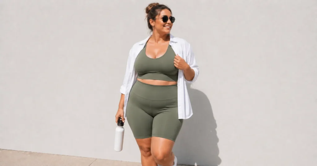 Sporty mom outfits summer plus size activewear featuring supportive compression shorts and long-line sports bra.
