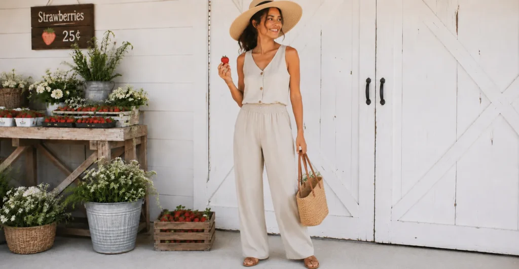 Strawberry picking outfit with linen trousers and straw hat for breathable summer comfort.