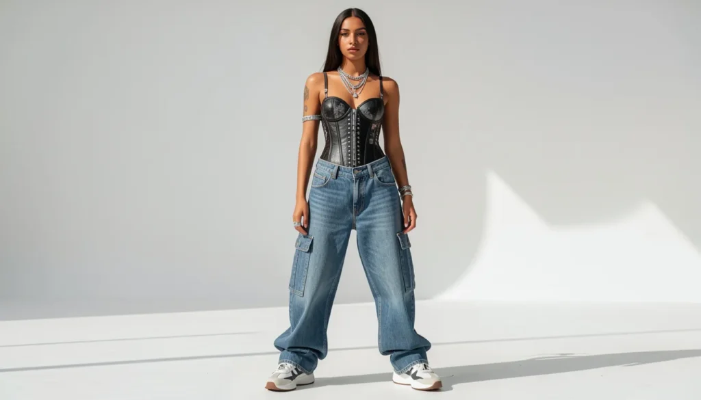 Female Don Toliver concert outfit with corset top and oversized baggy jeans streetwear style.