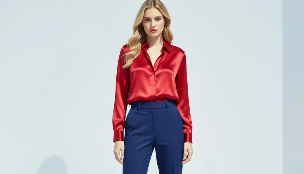 Why the Gwyneth Paltrow Red Blue Outfit Remains a Fashion Icon 8 Gwyneth Paltrow red blue outfit with luxury silk blouse and tailored blue trousers.