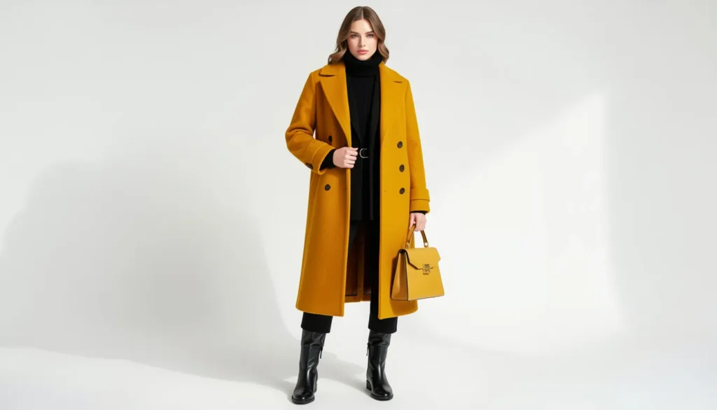 Master the Yellow Outfit: How to Style the Brightest Color 5 Winter yellow outfit featuring a saffron wool coat and elegant black layering