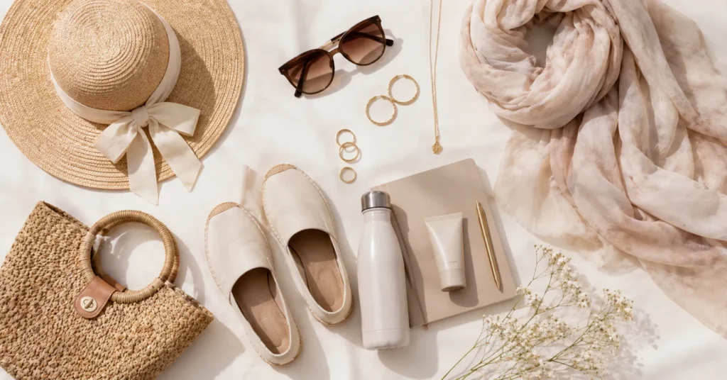 Modest summer outfit ideas accessories including straw hats and lightweight summer fashion essentials
