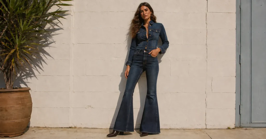 The Best Bell Bottom Jeans Outfit Ideas for Every Occasion 5 Bell bottom jeans outfit ideas featuring stylish denim-on-denim fashion inspiration.