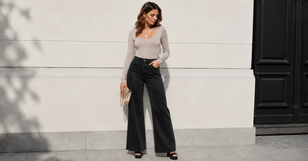 The Complete Guide to Black Jeans Outfit Ideas for Any Occasion 3 Black jeans outfit ideas with trendy wide-leg denim and minimalist fashion styling.