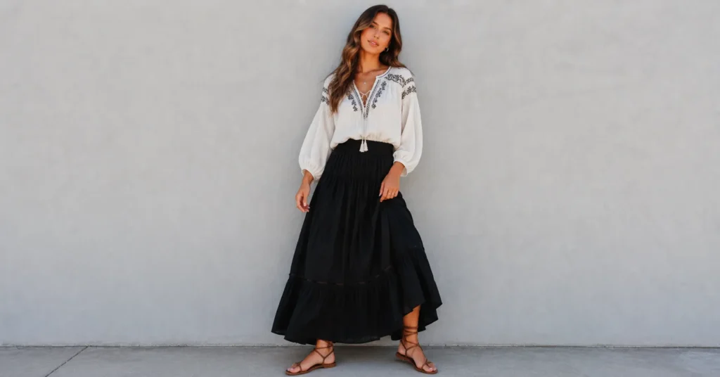 The Complete Guide to Black Skirt Outfit Ideas for Any Occasion 8 Black skirt outfit ideas featuring a boho-inspired black maxi skirt and summer styling.