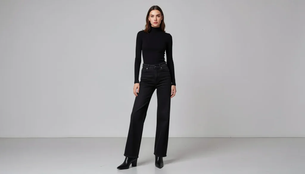 Black wide leg jeans outfit ideas with minimalist monochrome fashion inspiration.