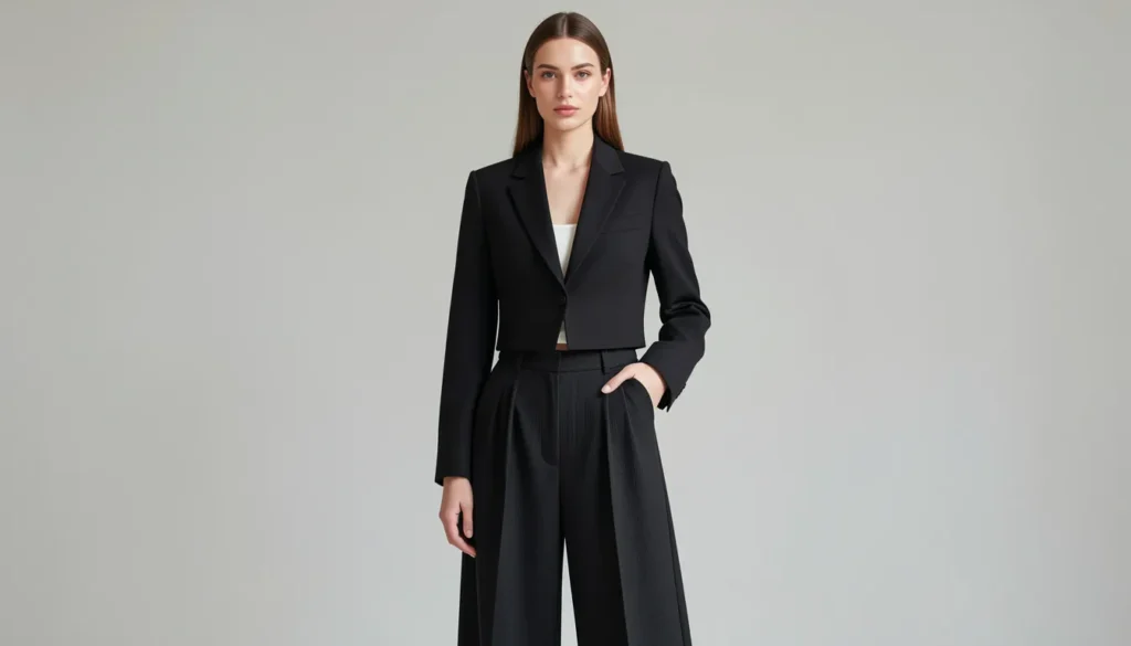 Black blazer outfit ideas with cropped blazer and wide-leg trouser styling.